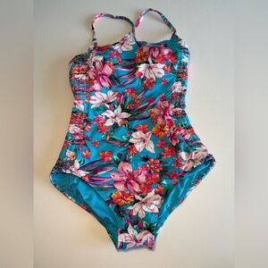 NWOT, 1-Pc, Racerback, Smocked-side panels, Turquoise Lily Palm, Size S (6-8)